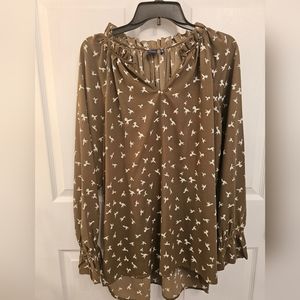 Olive Tunic Blouse with Cream Birds-Kaari Blue- Size XL